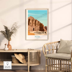 Minimalist Petra wall art print featuring the iconic structure in a stylish living room setting.