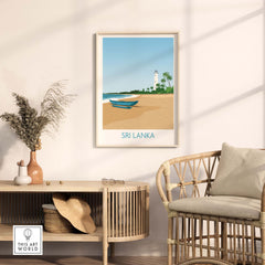Sri Lanka wall art print featuring a beach scene with a boat and lighthouse in a minimalist style.