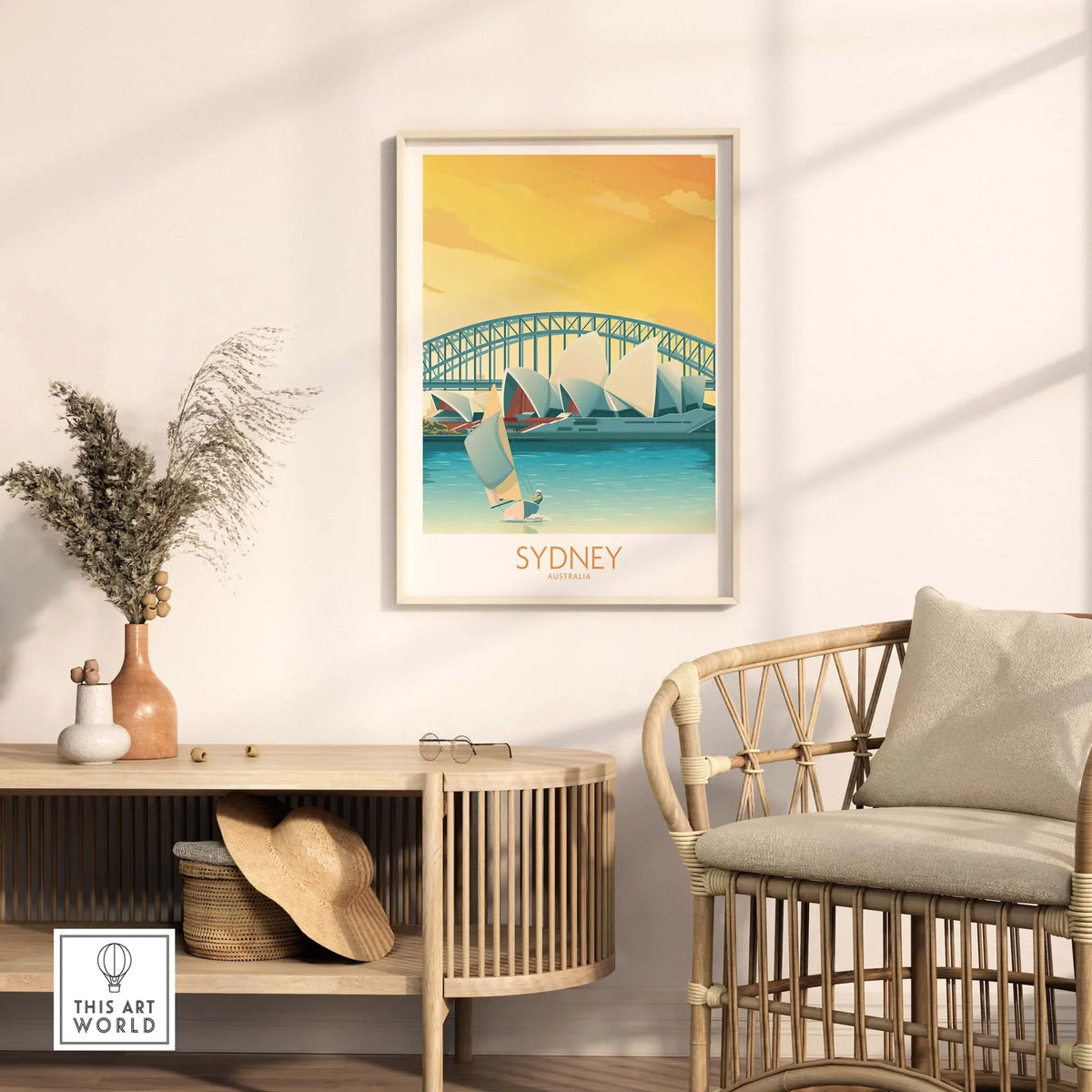 Sydney Print poster featuring a vibrant harbor scene with sailboats, ideal for home or office decor.