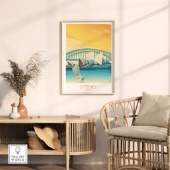 Sydney Print poster featuring a vibrant harbor scene with sailboats, ideal for home or office decor.