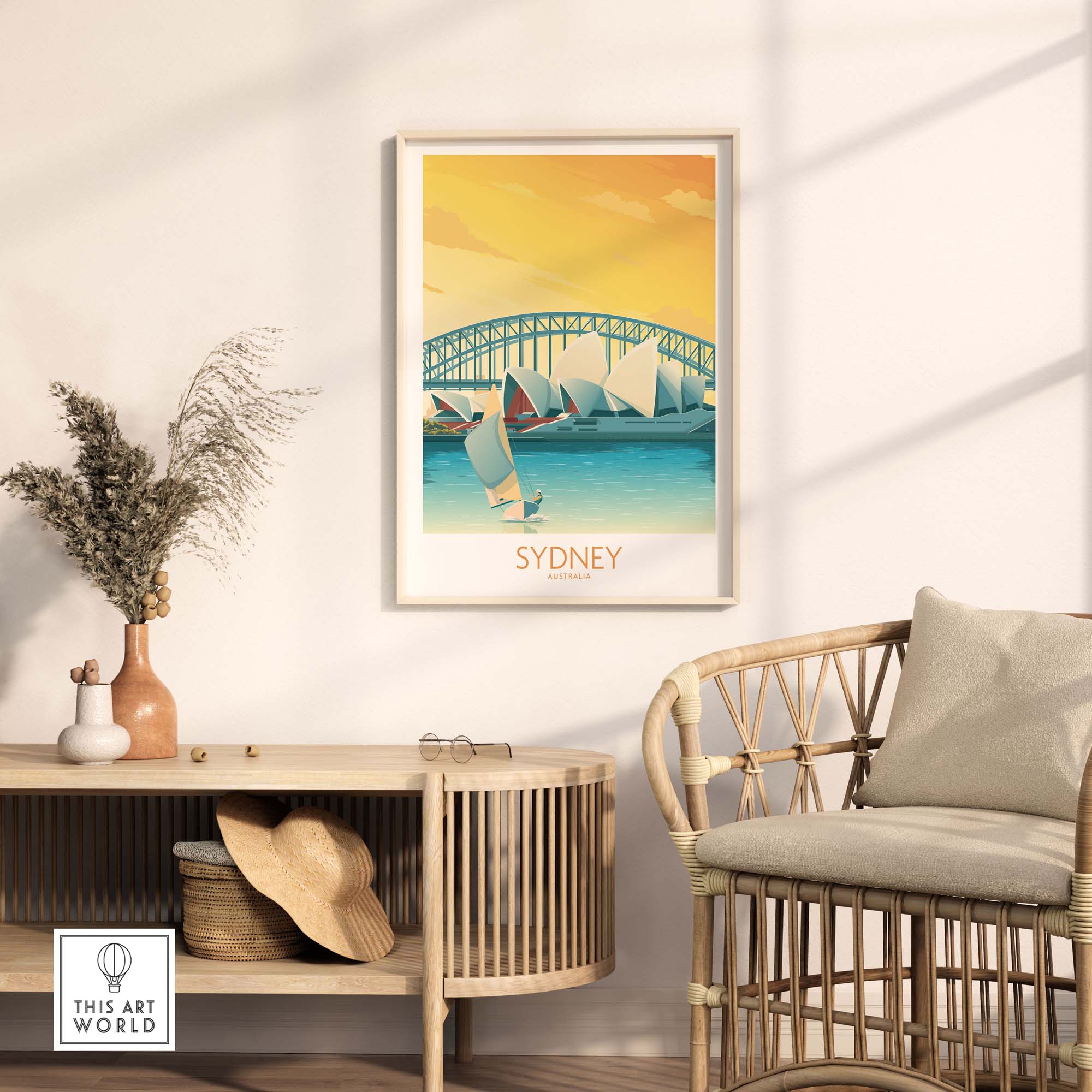 Sydney Print poster featuring a vibrant harbor scene with sailboats, ideal for home or office decor.