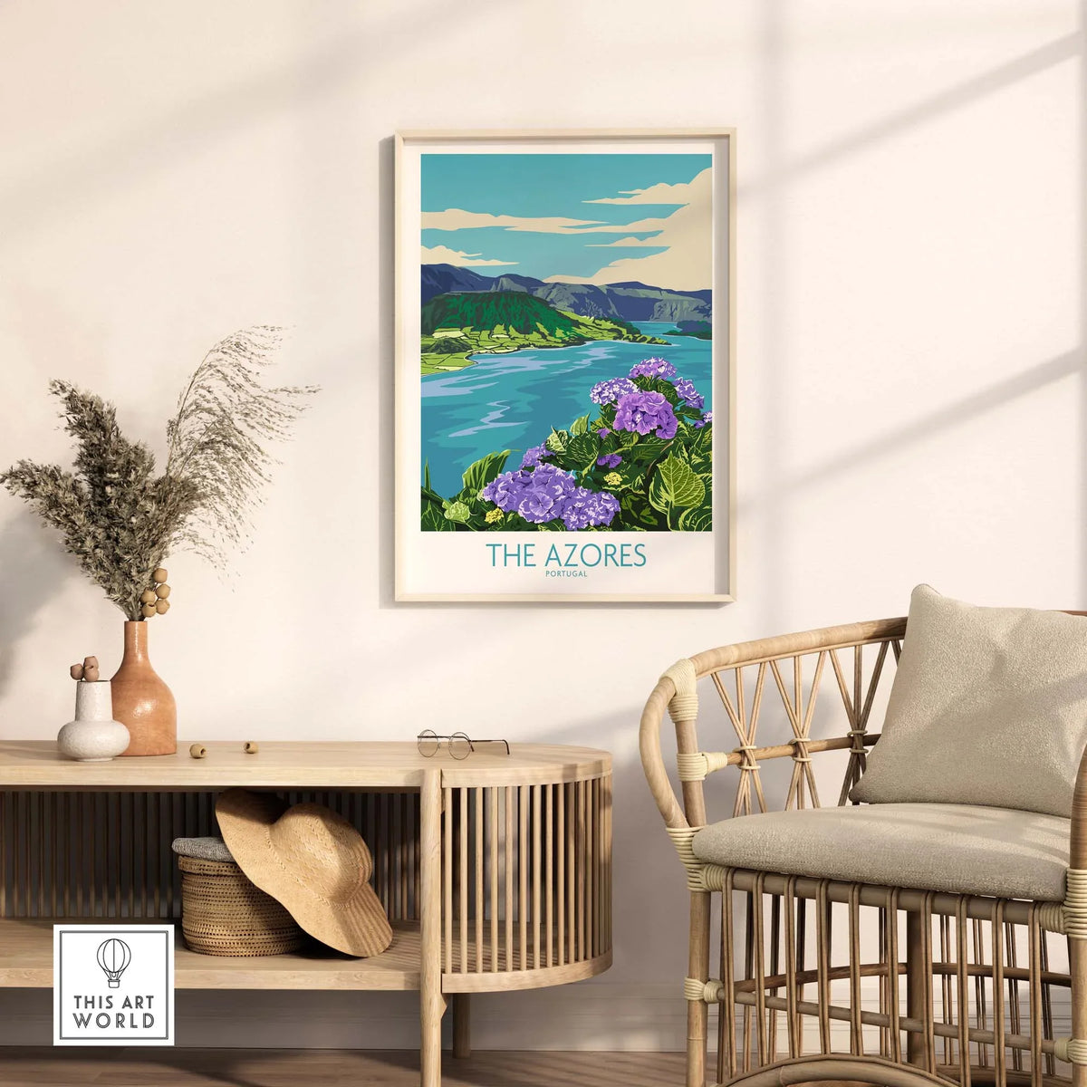 The Azores wall art print featuring vibrant flowers and scenic landscape, displayed in a stylish living room.