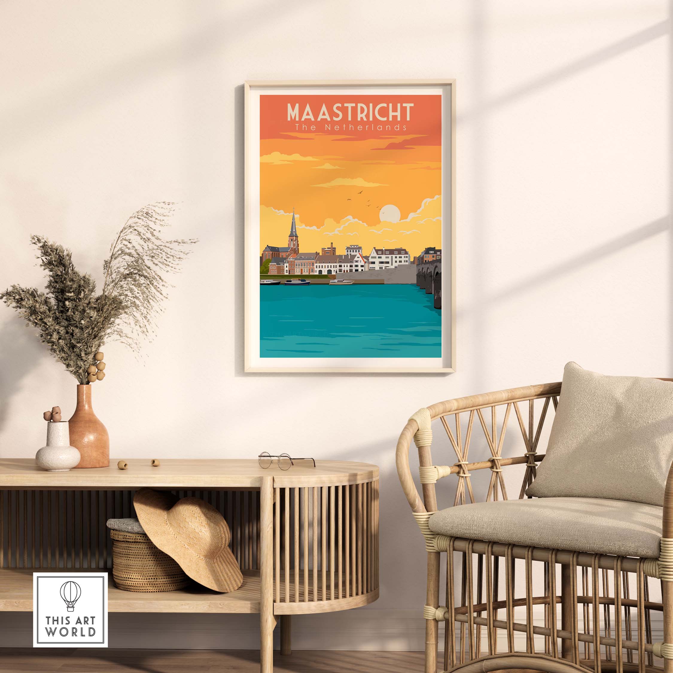 Maastricht Print travel poster showcasing a colorful riverside view, perfect for home or office decor.