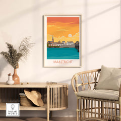 Maastricht travel poster showcasing vintage design, framed art print displayed in a cozy living room setting.