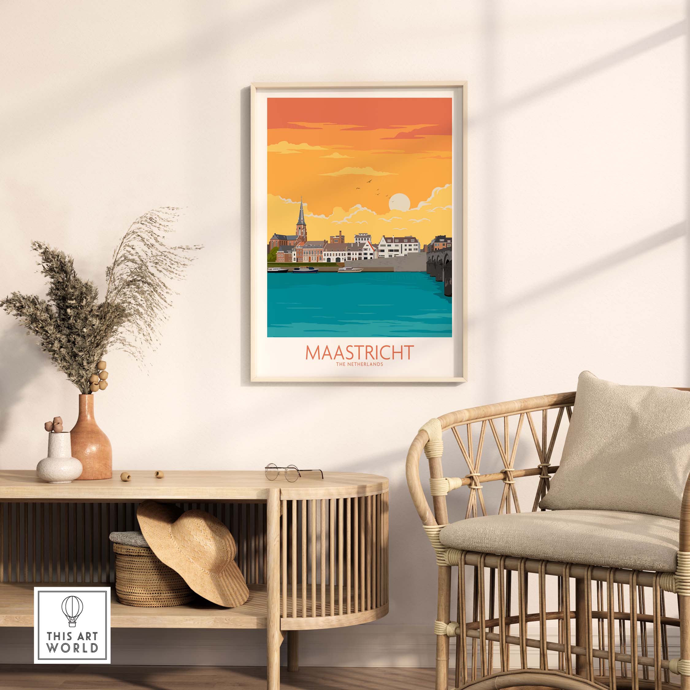 Maastricht travel poster showcasing vintage design, framed art print displayed in a cozy living room setting.