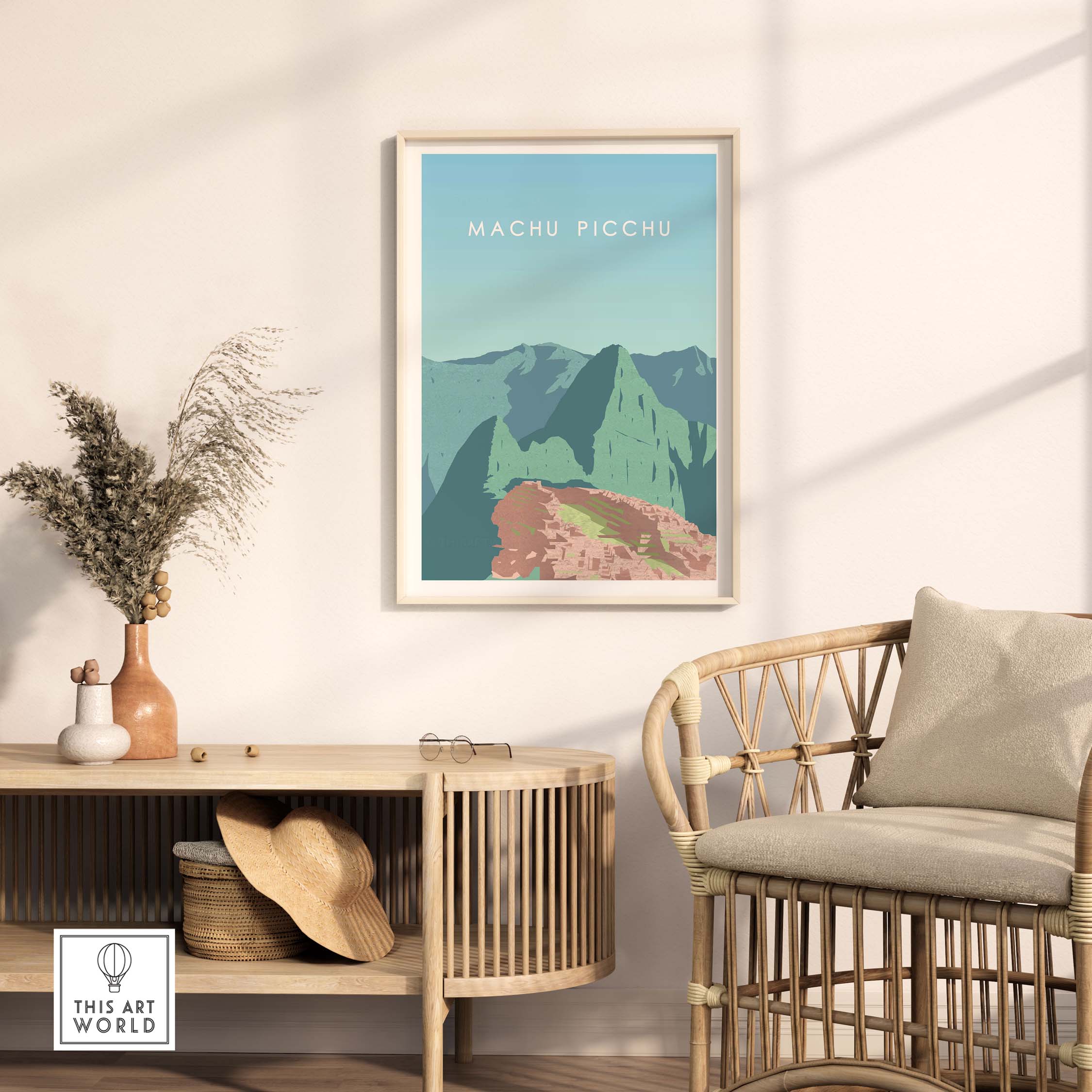 Machu Picchu Print Wall Art Poster displayed in a stylish living room setting, enhancing home decor with travel nostalgia.