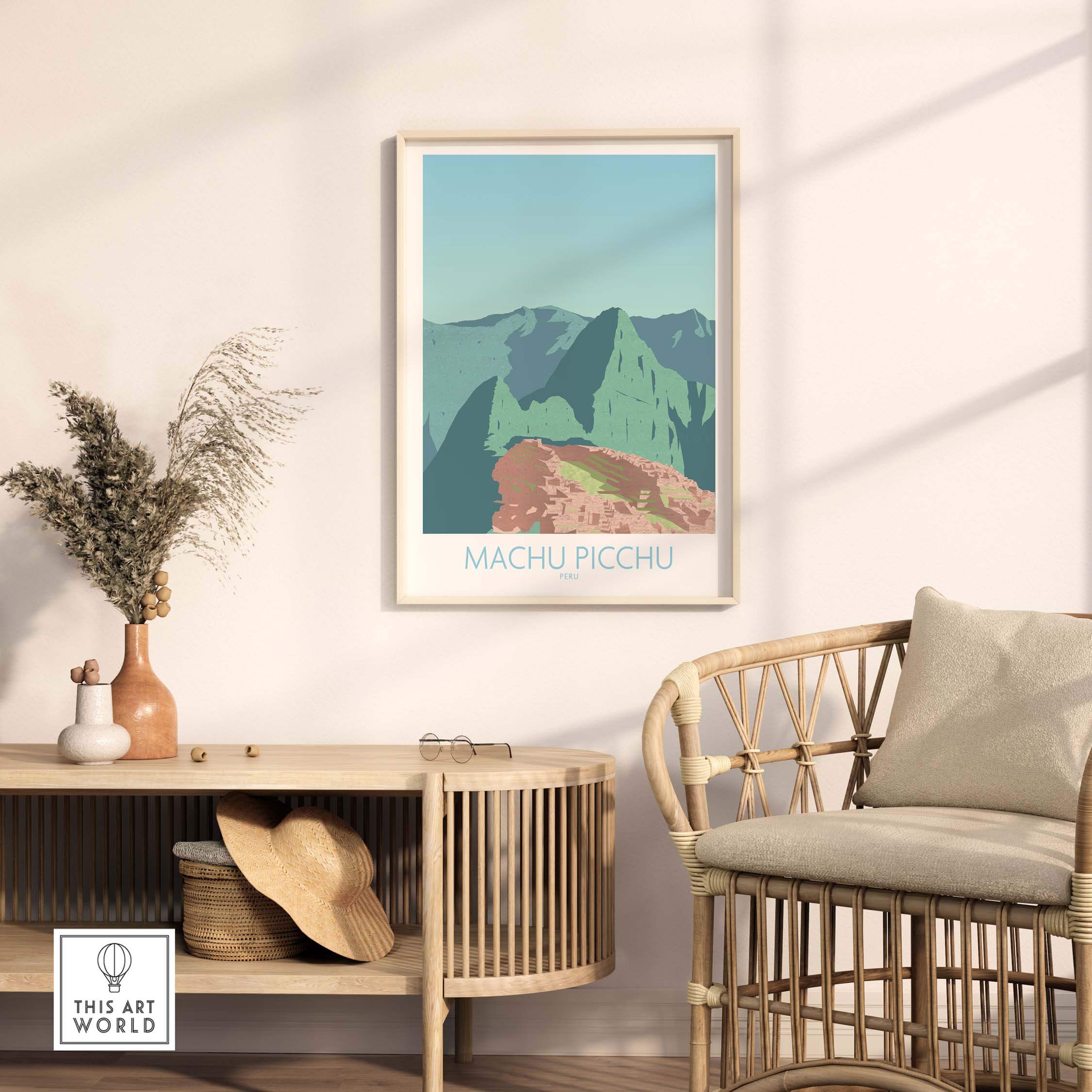 Machu Picchu print displayed in a stylish interior setting, perfect for travel-inspired home decor.