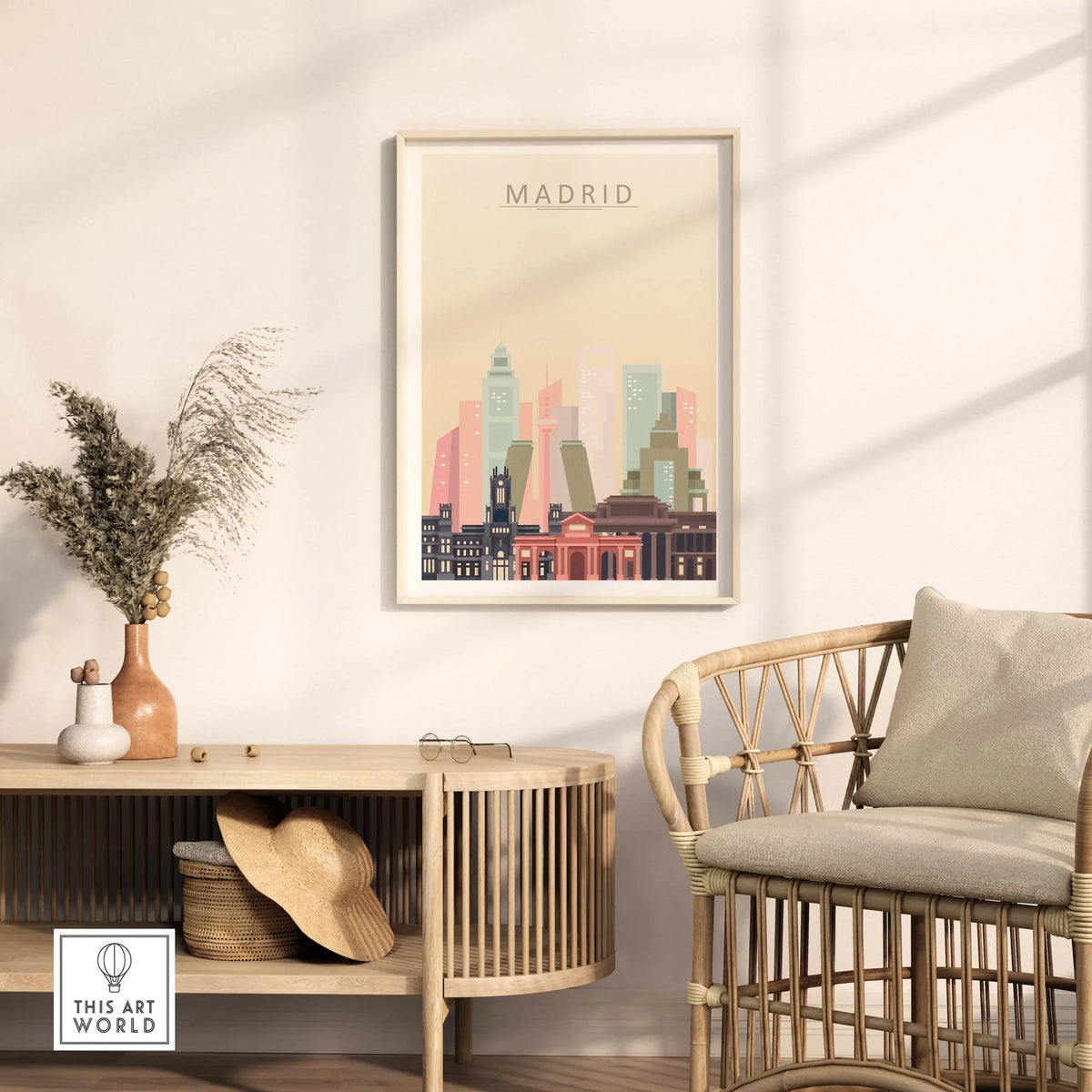 Madrid skyline print in a framed design, featuring iconic architecture in warm pastel tones, displayed in a stylish interior.