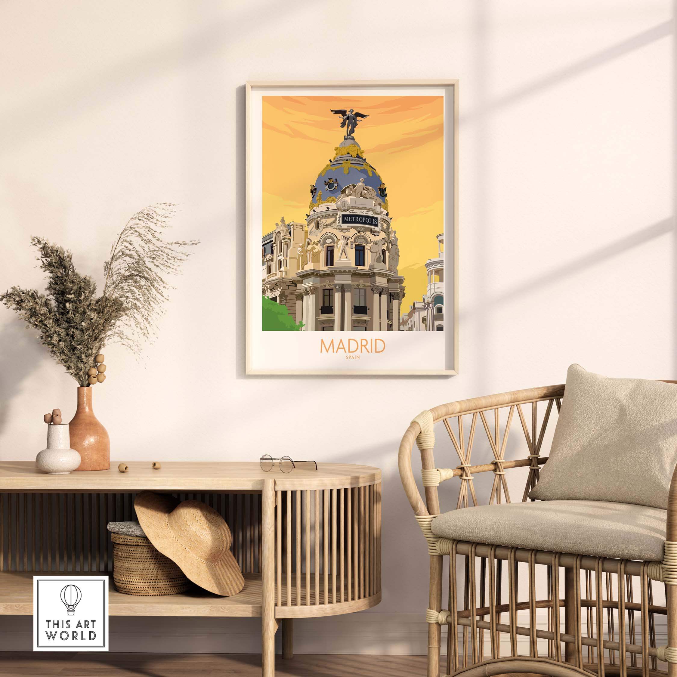 Madrid Print Poster featuring a vintage design of Madrid's iconic architecture, displayed in a cozy interior setting.
