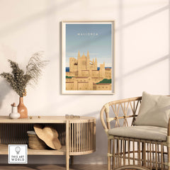 Mallorca Wall Art Poster featuring a vintage-inspired design, displayed in a stylish living room setting.