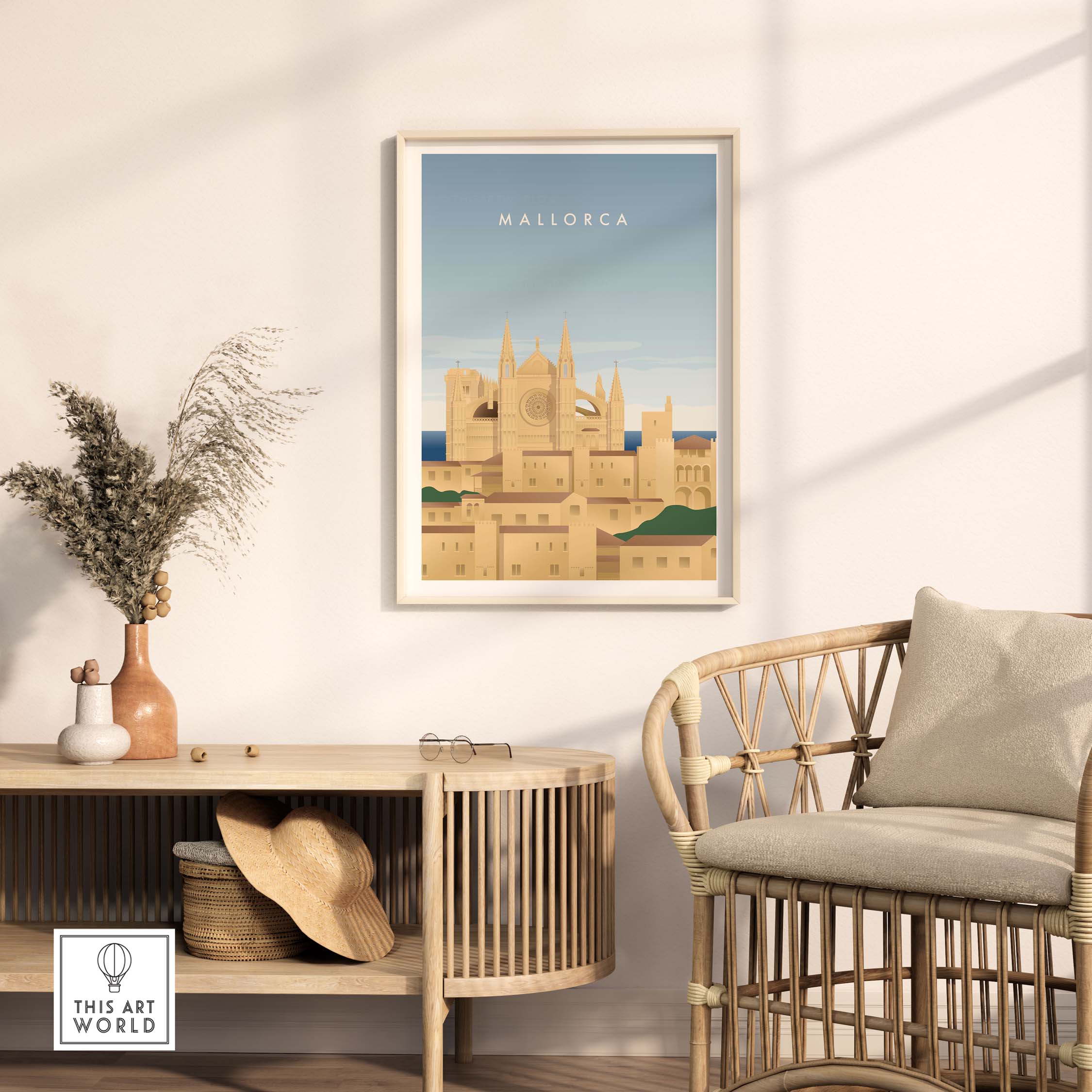 Mallorca Wall Art Poster featuring a vintage-inspired design, displayed in a stylish living room setting.