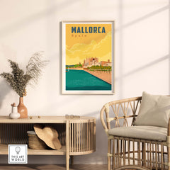 Mallorca Spain Print featuring a vintage-inspired travel poster in a stylish interior setting.