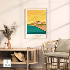 Mallorca travel poster displayed in a stylish interior setting, featuring vibrant colors and nostalgic design.