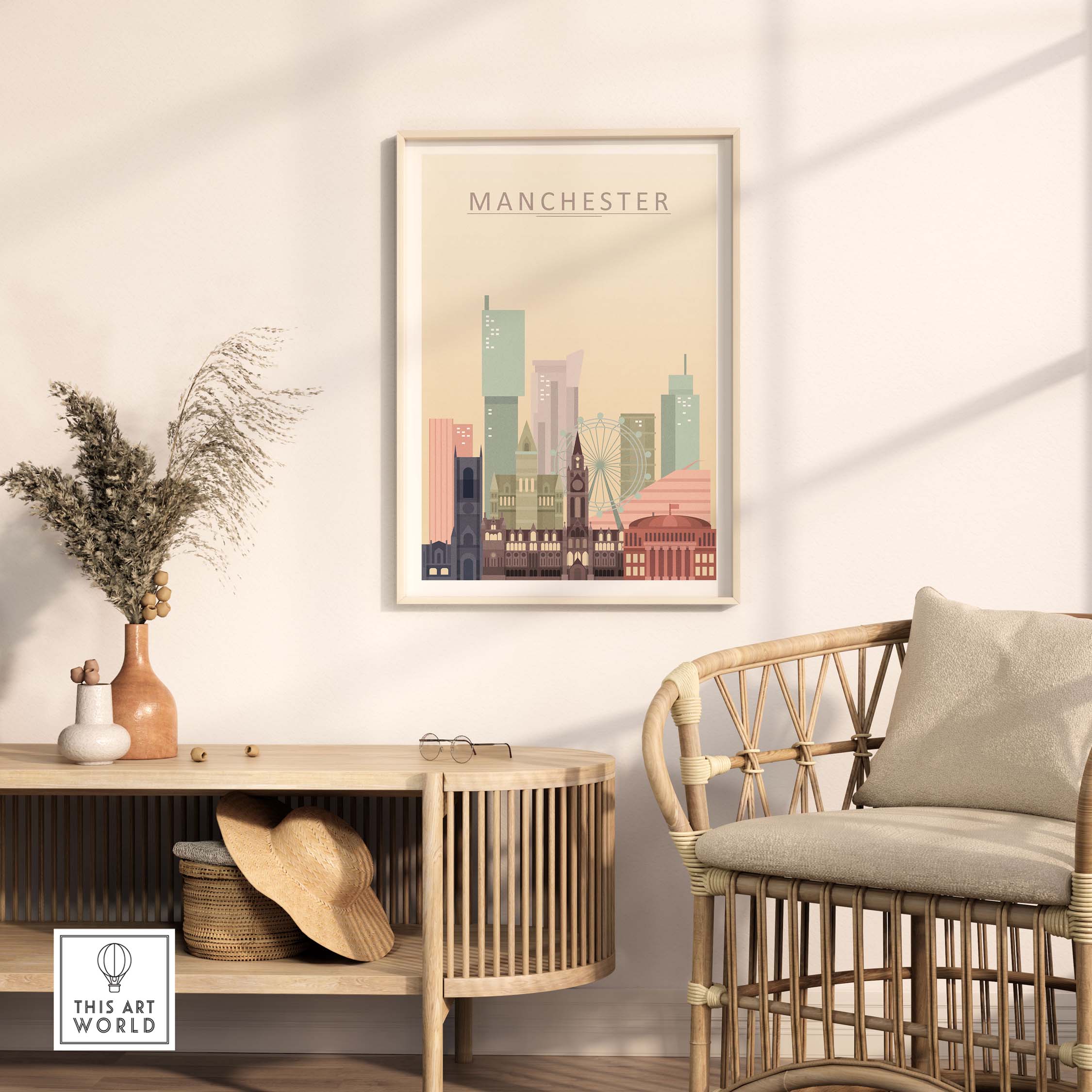Manchester City skyline print displayed in a stylish room, showcasing iconic buildings in pastel tones.