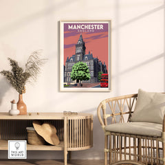 Manchester poster print featuring historic architecture and greenery, perfect for wall art in home or office.