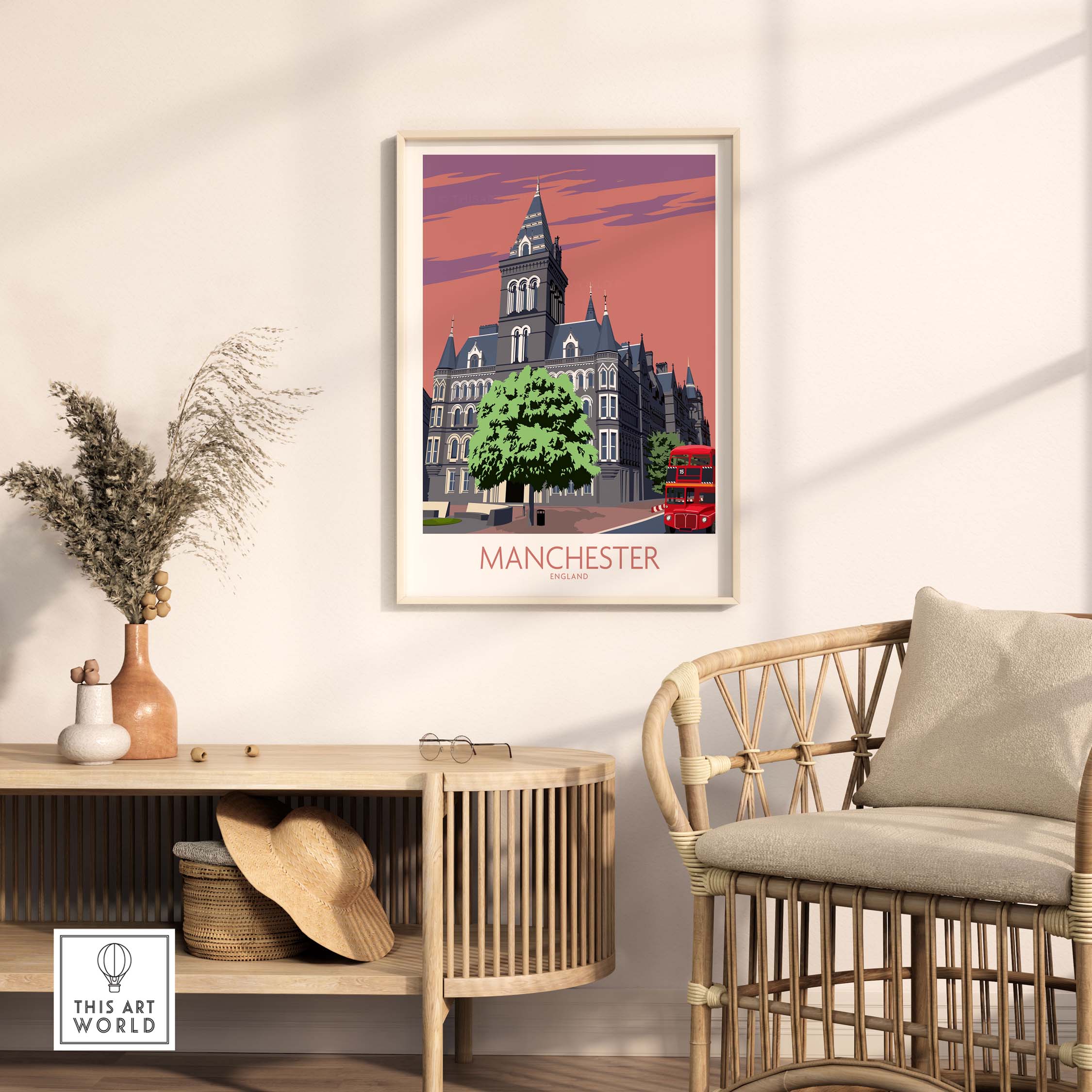 Manchester Art Print featuring a vintage design of a historic building in a stylish interior setting.