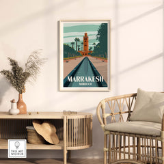Marrakesh Print Morocco Poster in a stylish living room setting with mid-century decor.