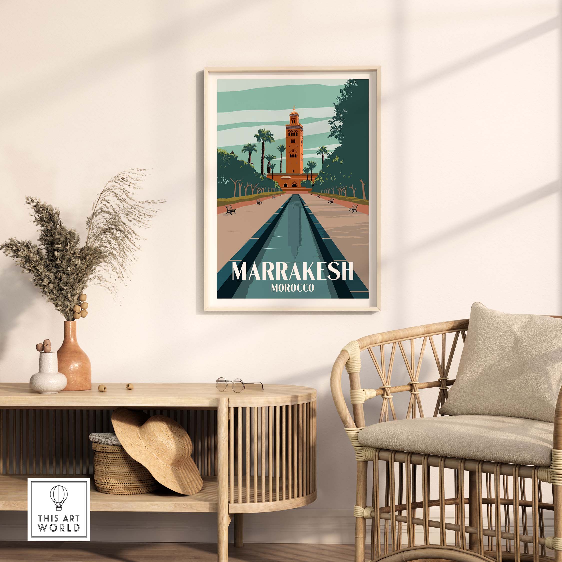 Marrakesh Print Morocco Poster in a stylish living room setting with mid-century decor.