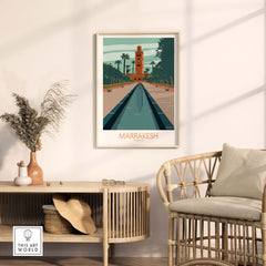 Marrakesh Poster Morocco Wall Art featuring a vintage design in a cozy living space.