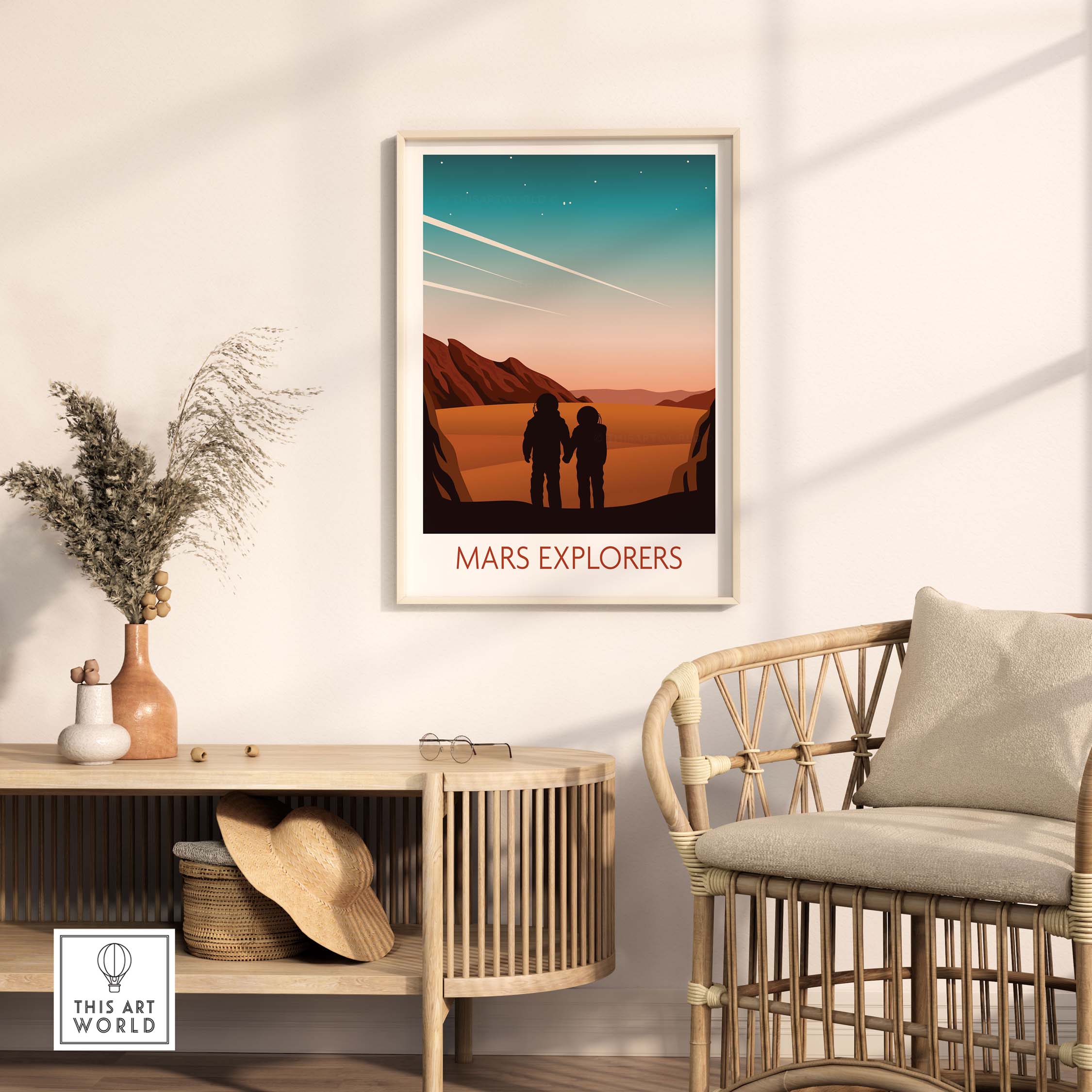 Mars Explorers poster print featuring two travelers on Mars, perfect for stylish home decor.
