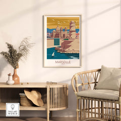 Colorful Marseille poster in a stylish room, showcasing vintage travel art inspired by France.