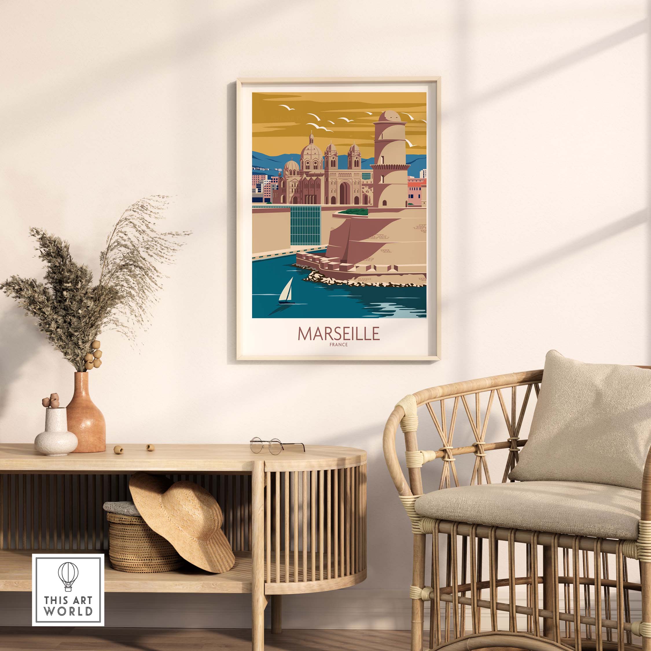 Colorful Marseille poster in a stylish room, showcasing vintage travel art inspired by France.
