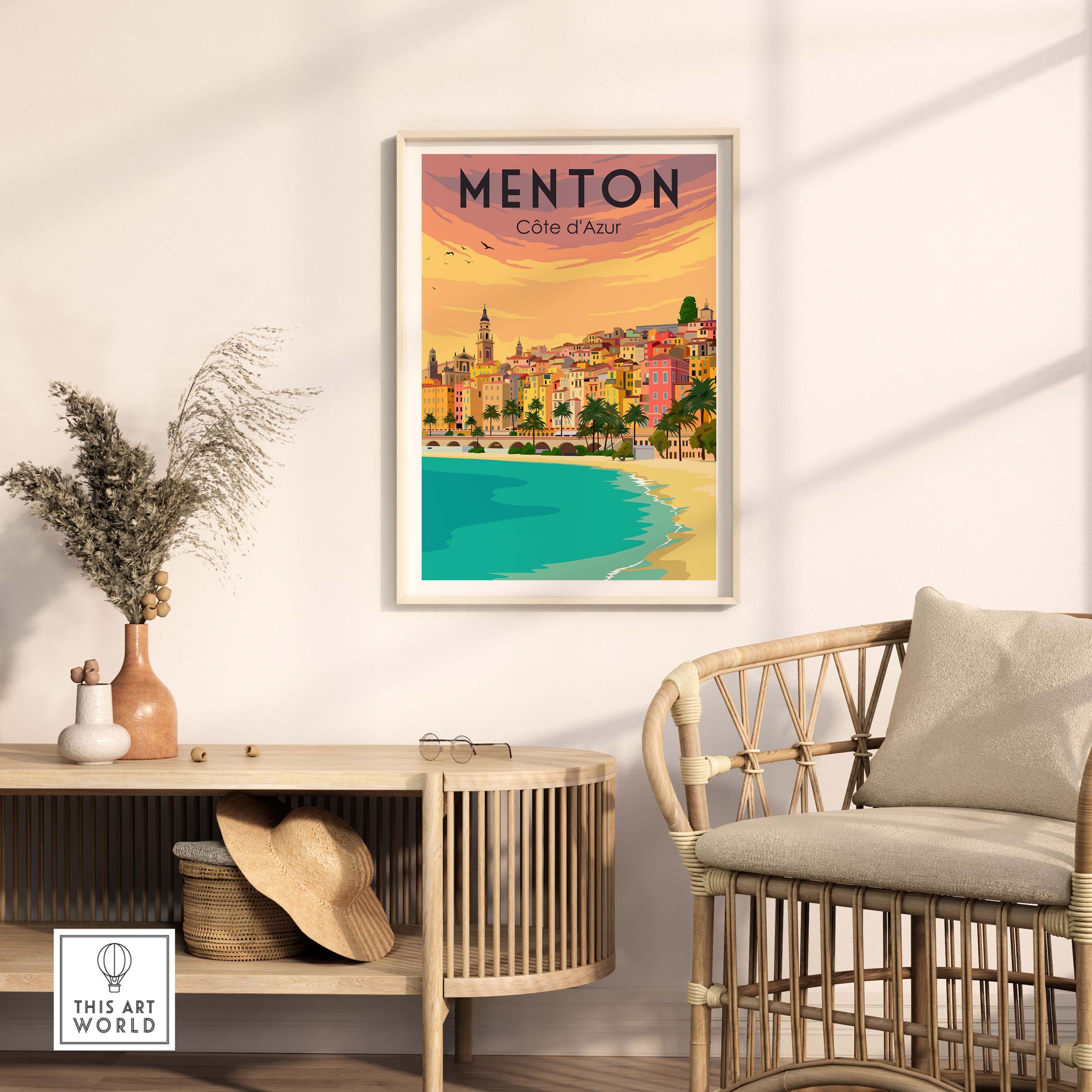 Menton France vintage print poster in a stylish living room setting with coastal art.