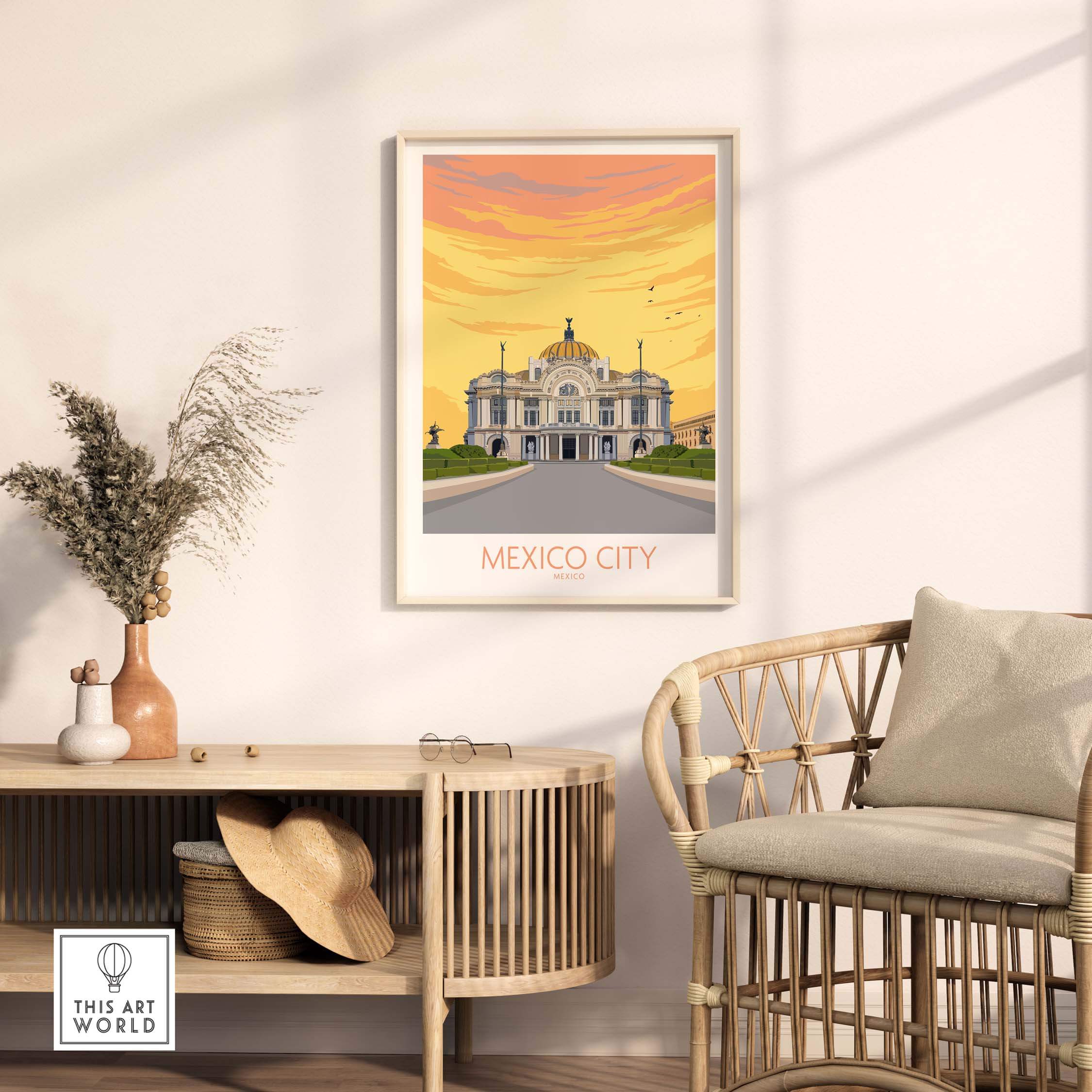 Mexico City poster print displayed in a stylish home setting with rattan furniture and decorative elements.