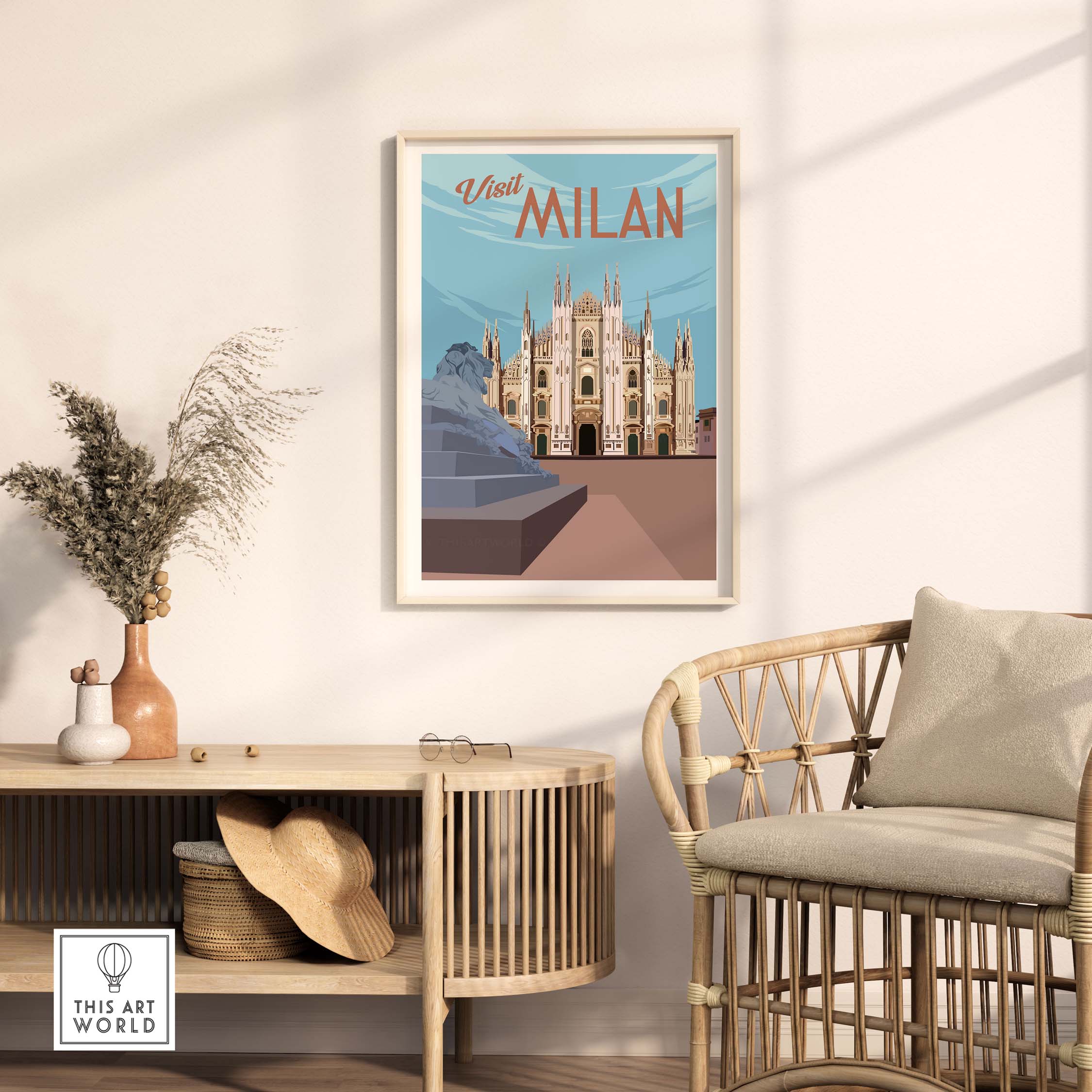 Milan vintage travel poster wall art showcasing the Duomo, styled in a modern living room.