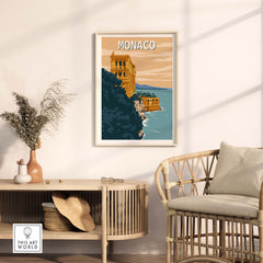 Monaco Wall Art Print featuring a vintage minimalist design of coastal buildings and the sea, perfect for home decor.