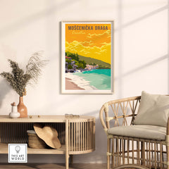 Mošćenička Draga Croatia poster print in stylish interior, perfect for travel lovers and wall art enthusiasts.