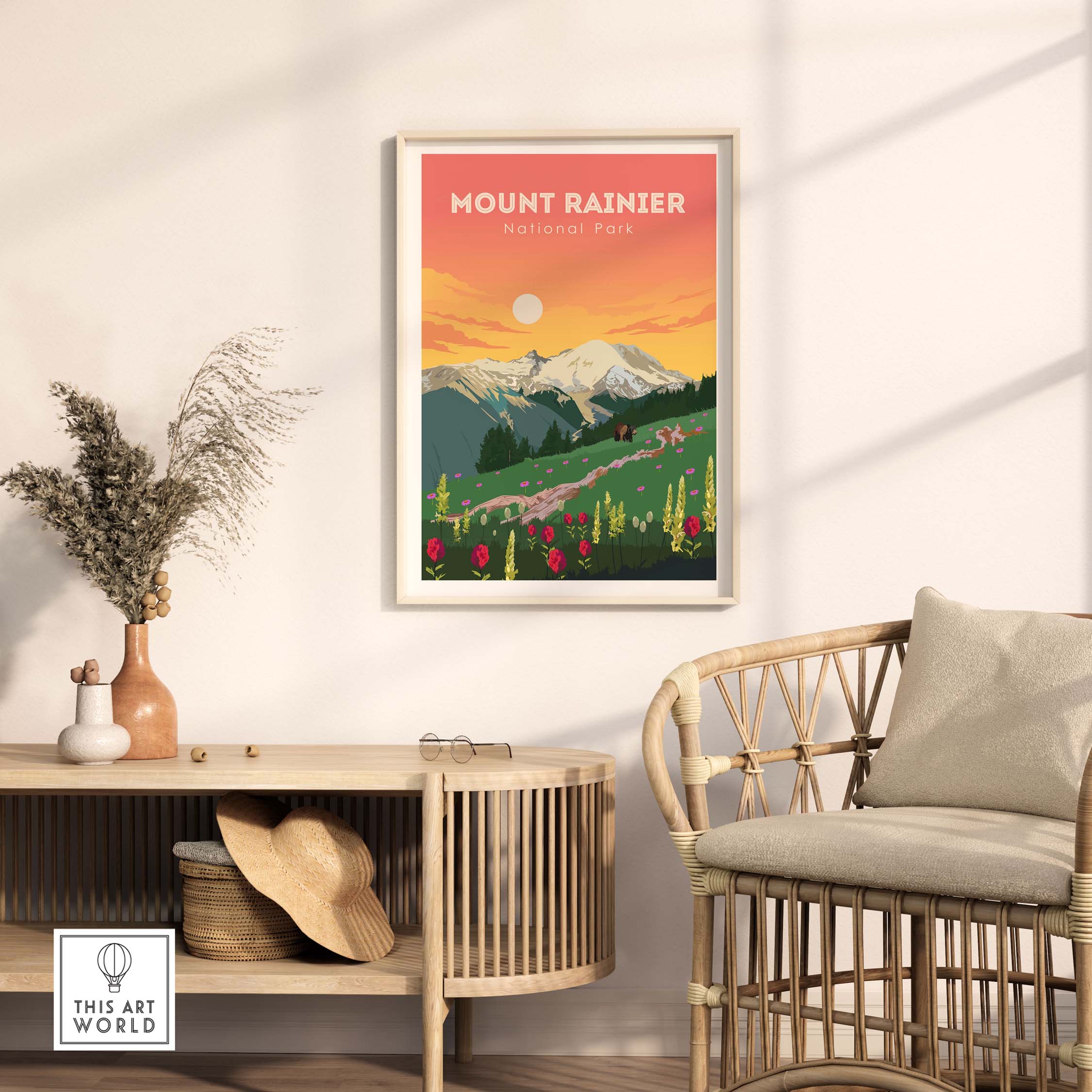 Mount Rainier Print featuring colorful flowers and mountains in a stylish living room setting.