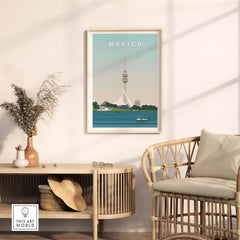 Munich print travel poster featuring the iconic TV tower, perfect for stylish wall art in homes or offices.