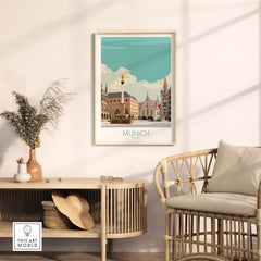 Munich poster art displayed in a stylish interior setting, showcasing vintage-inspired travel design.