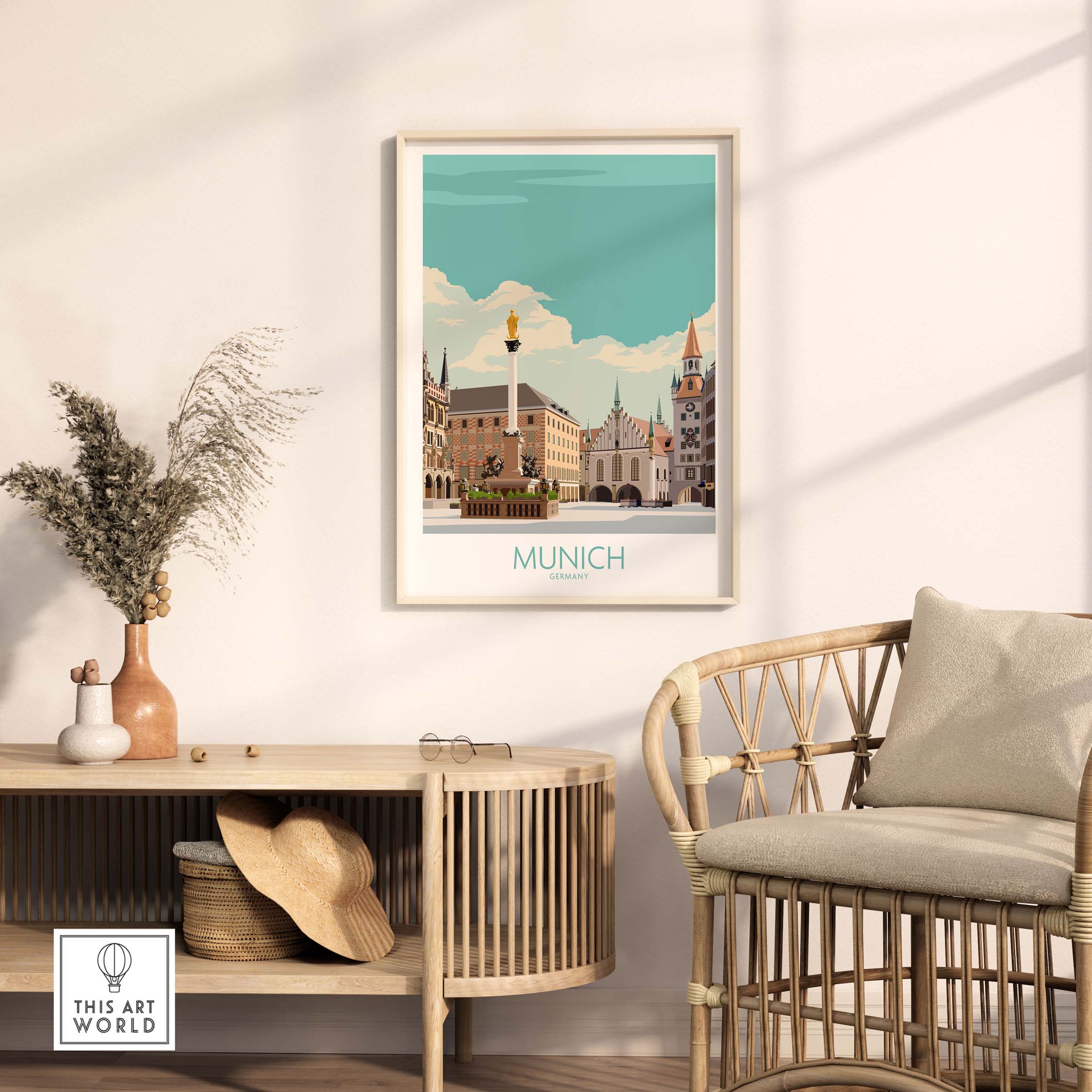 Munich poster art displayed in a stylish interior setting, showcasing vintage-inspired travel design.