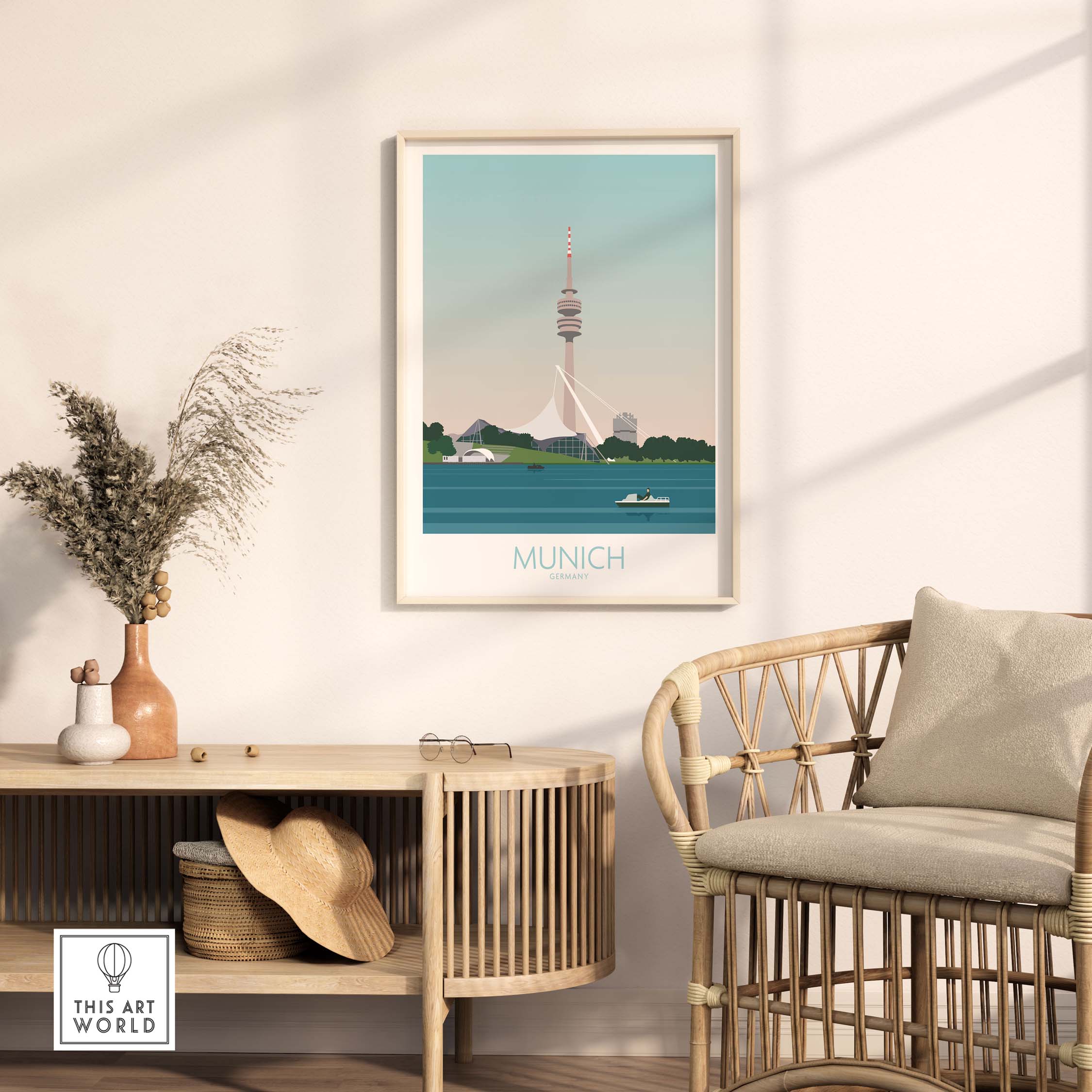 Munich travel poster artwork framed on a wall, showcasing the iconic TV tower and serene water view.