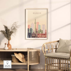 Munich skyline wall art print in pastel tones, framed and displayed in a modern interior setting.