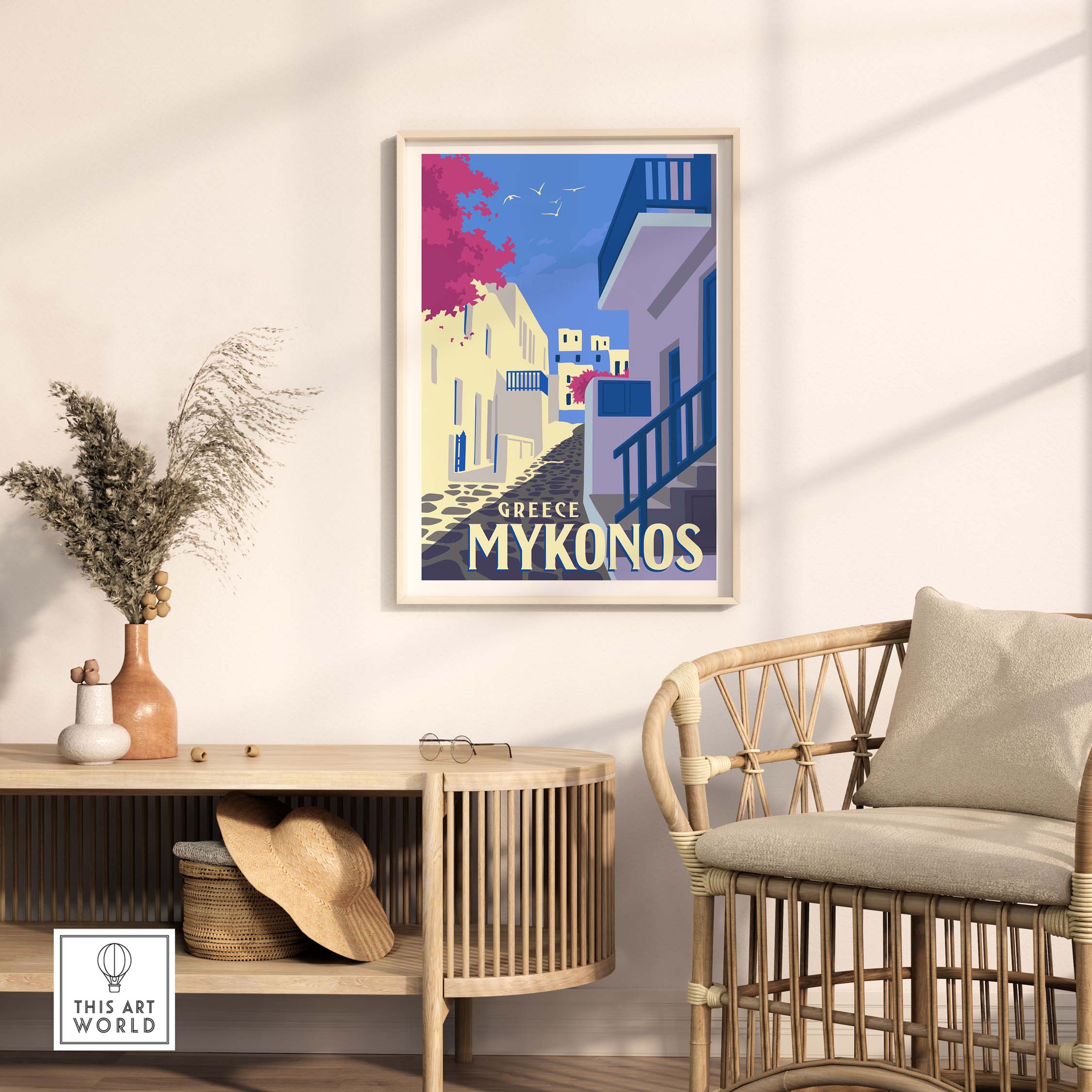 Mykonos poster wall art print displayed in a stylish home setting, capturing the essence of Greece.