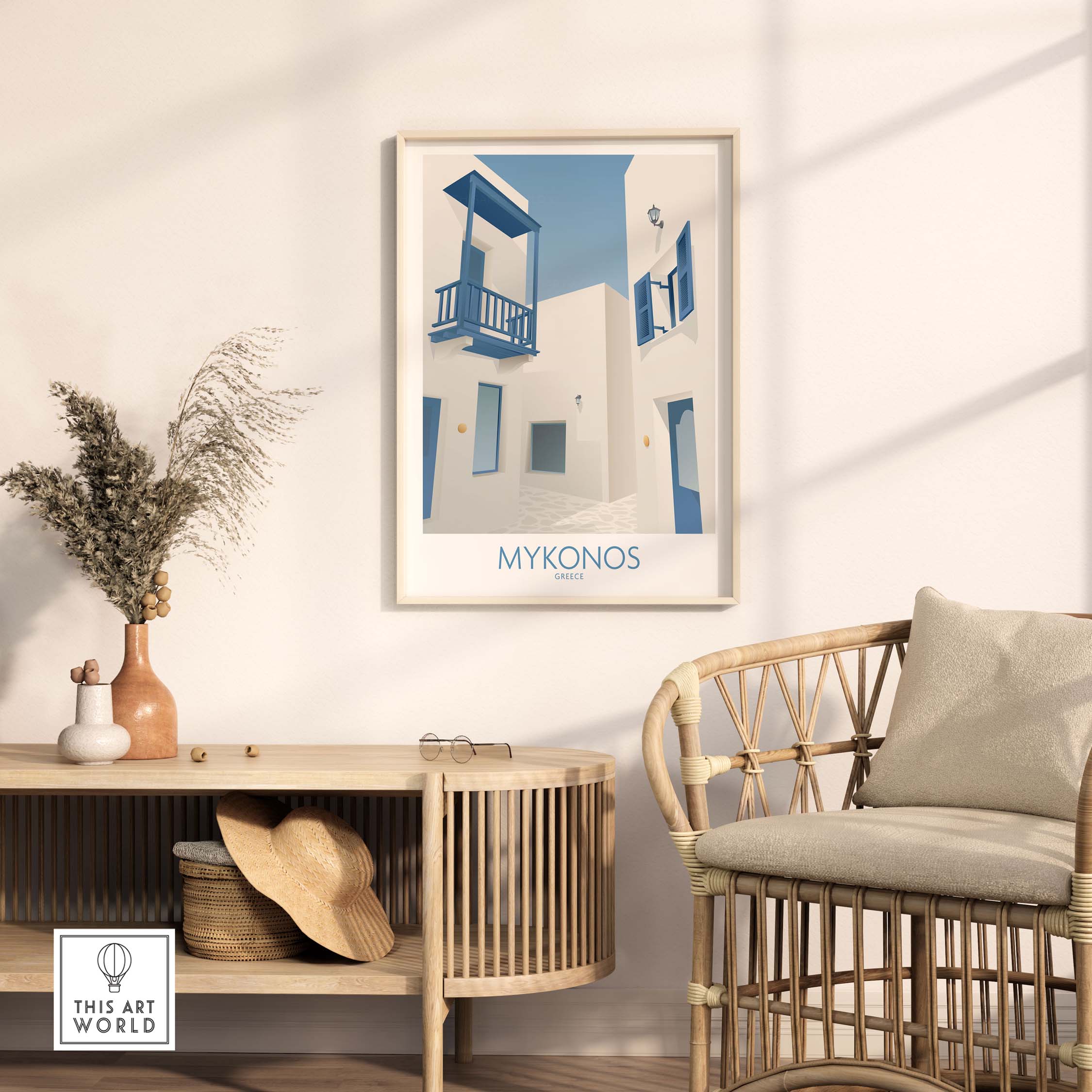 Mykonos wall art print showcased in a stylish living room, featuring white and blue architecture, perfect for home decor.