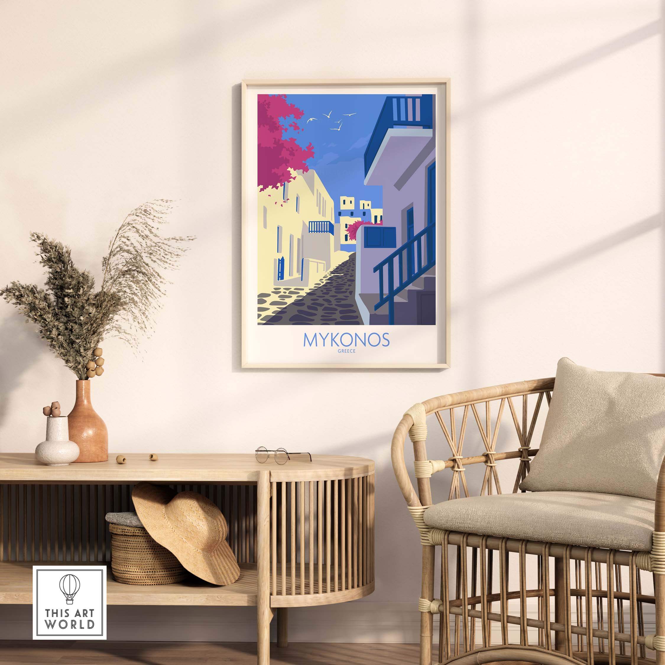 Mykonos print travel poster displayed in a stylish living room setting with a cozy chair and decorative elements.