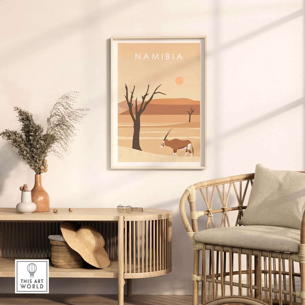 Namibia Print Dunes Poster featuring desert landscape and antelope in stylish living room decor.