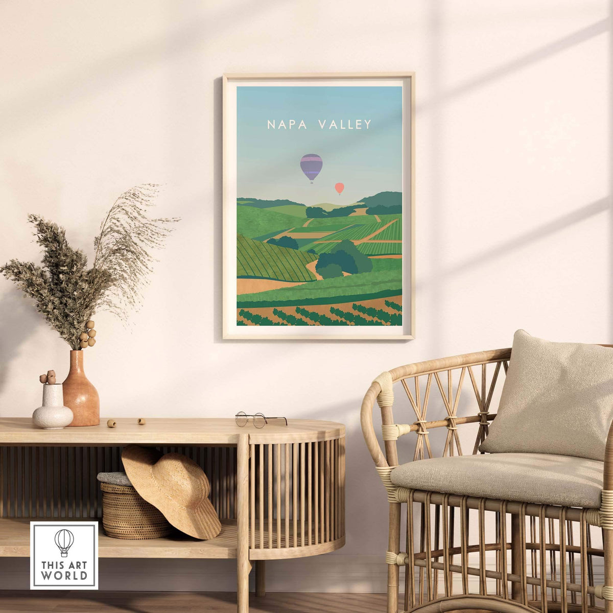 Napa Valley Print Wall Art Poster featuring hot air balloons over vineyards in a stylish home setting.