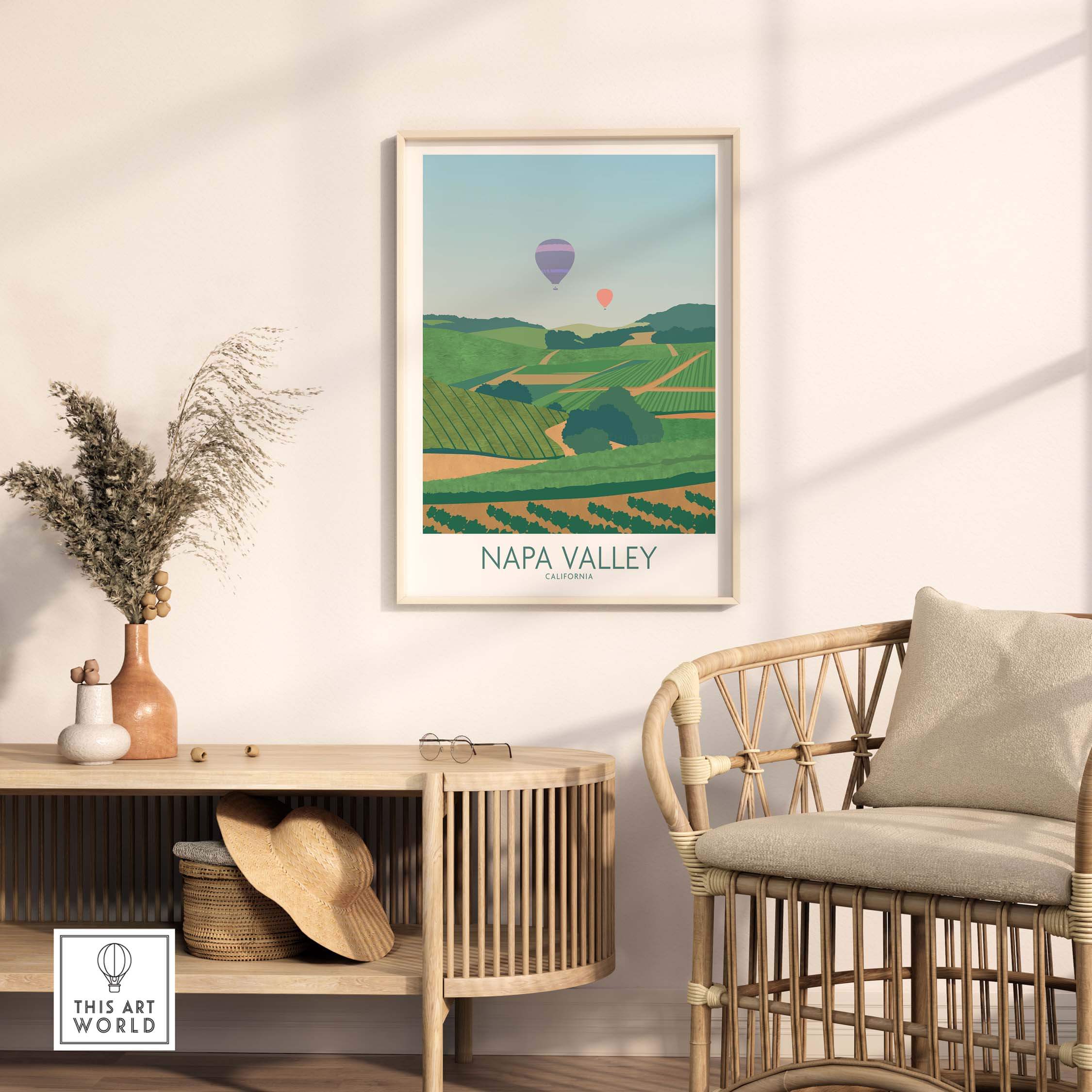Napa Valley print showcasing vineyards and hot air balloons, framed art for home decor and travel enthusiasts.