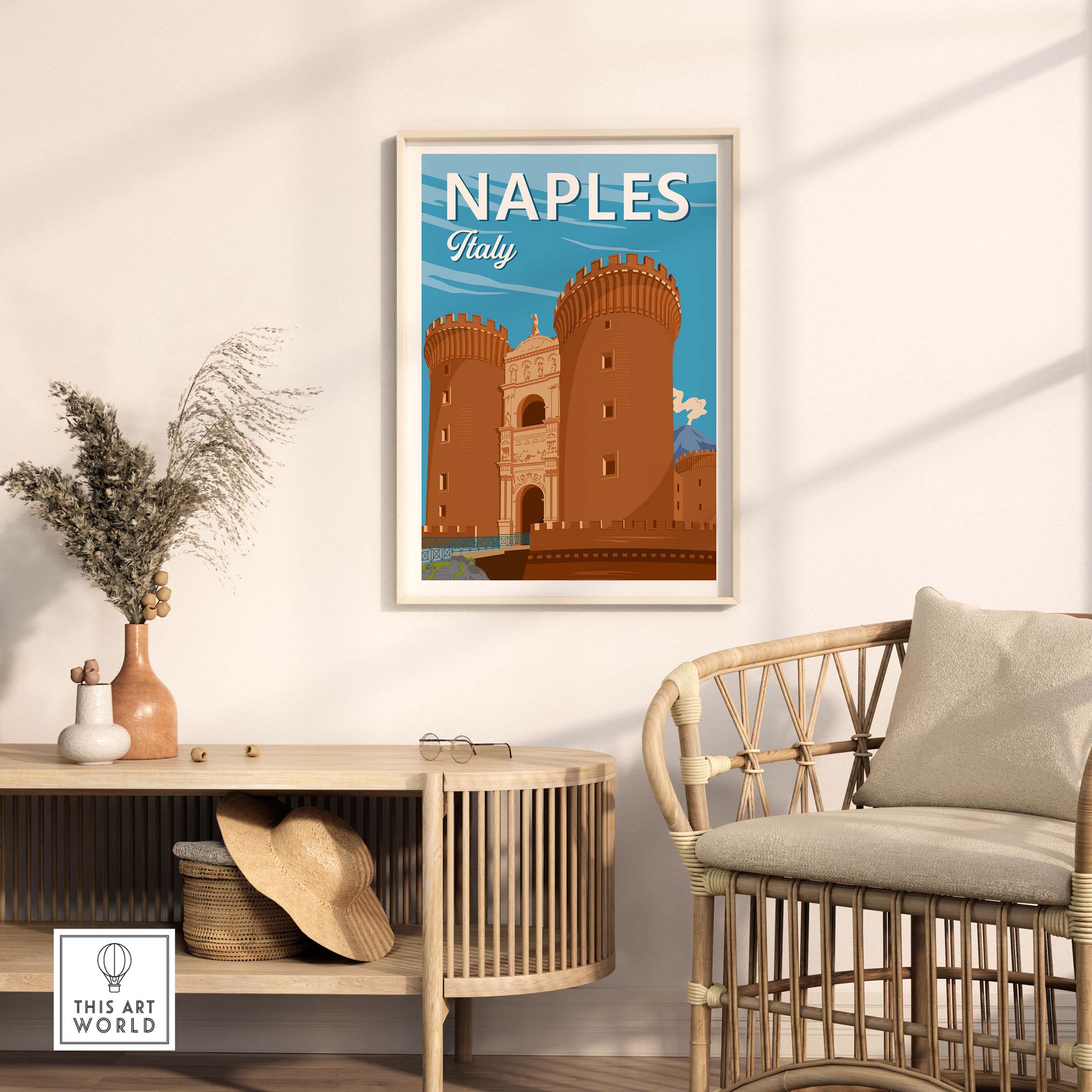 Vintage Naples Italy print featuring castle architecture, perfect for travel enthusiasts and home decor.