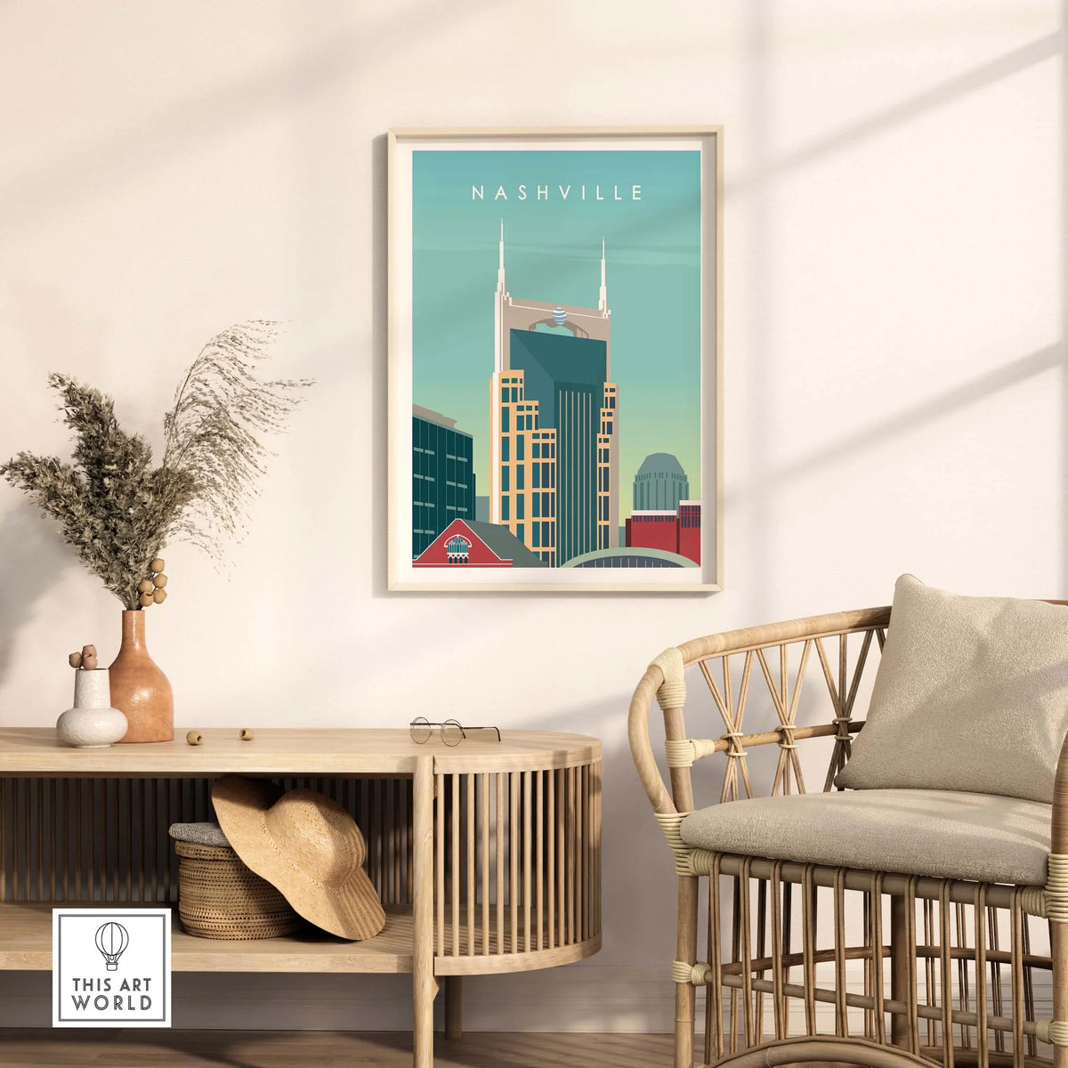 Nashville Art Print showcasing iconic skyline, framed in a stylish interior setting for travel-inspired decor.