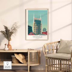 Nashville poster in a stylish living room, vintage travel theme art print on wall, modern decor with natural elements.