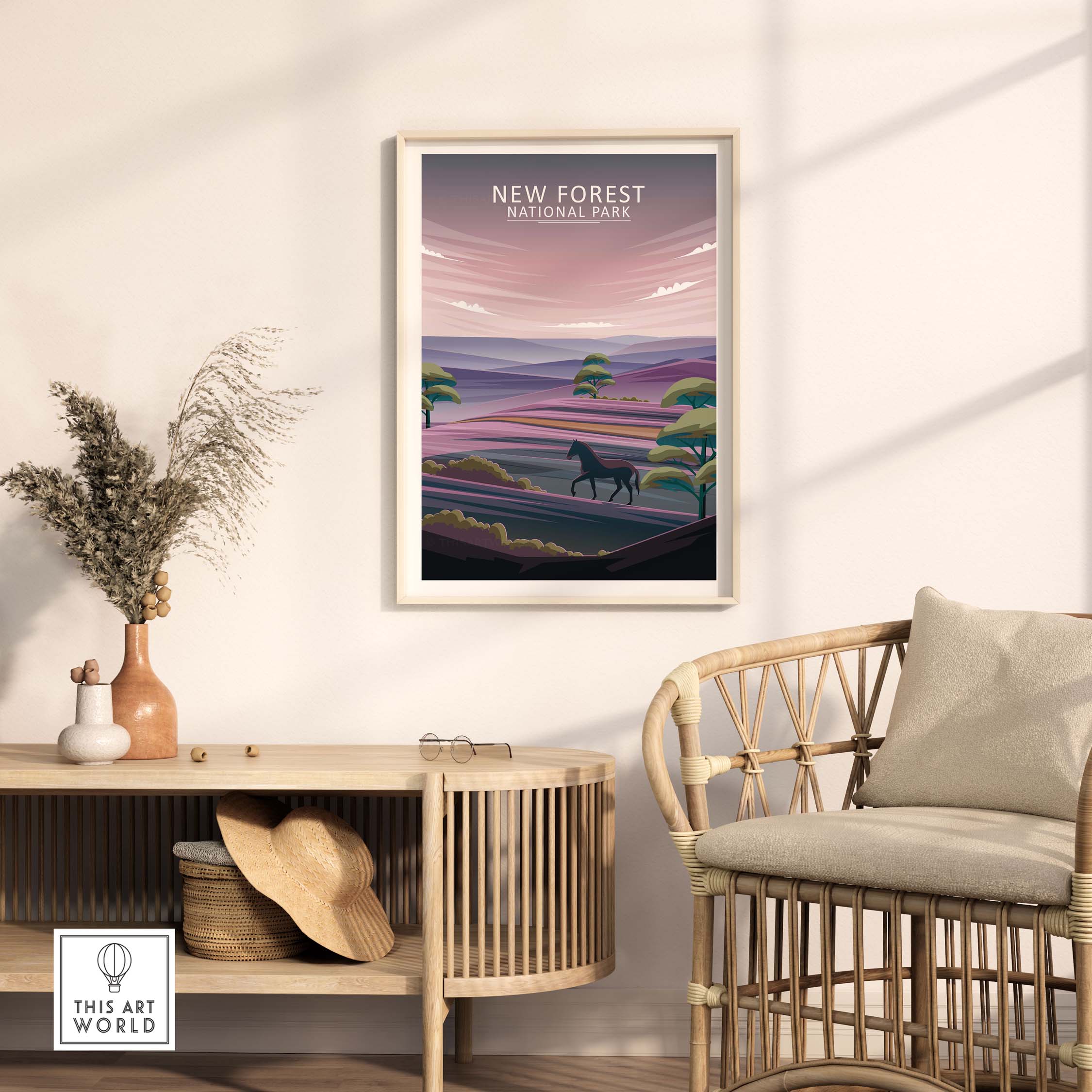 New Forest National Park Poster in a stylish living room setting, showcasing minimalist nature art.