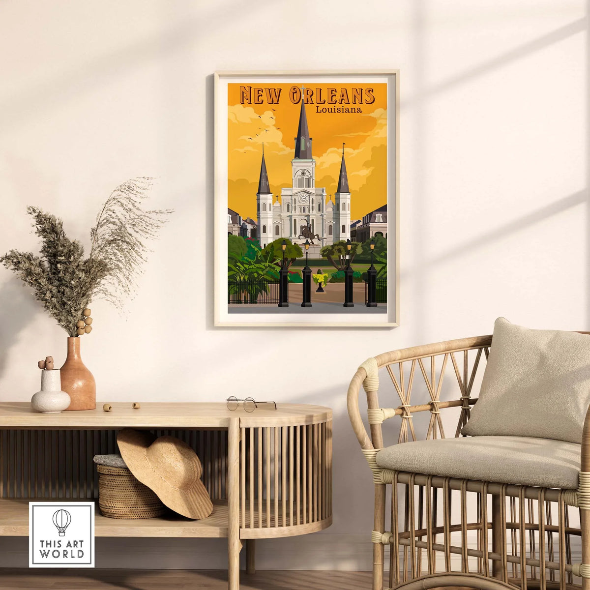 New Orleans Art Print showcasing vintage style architecture in a cozy living room setting.