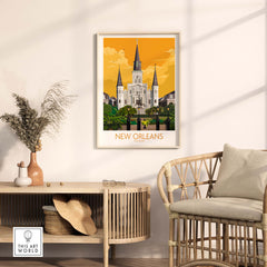 New Orleans poster framed above a stylish chair in a cozy living room, showcasing vintage travel artwork.