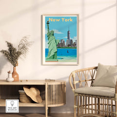 Vintage New York print poster featuring the Statue of Liberty and city skyline, enhancing stylish wall decor.